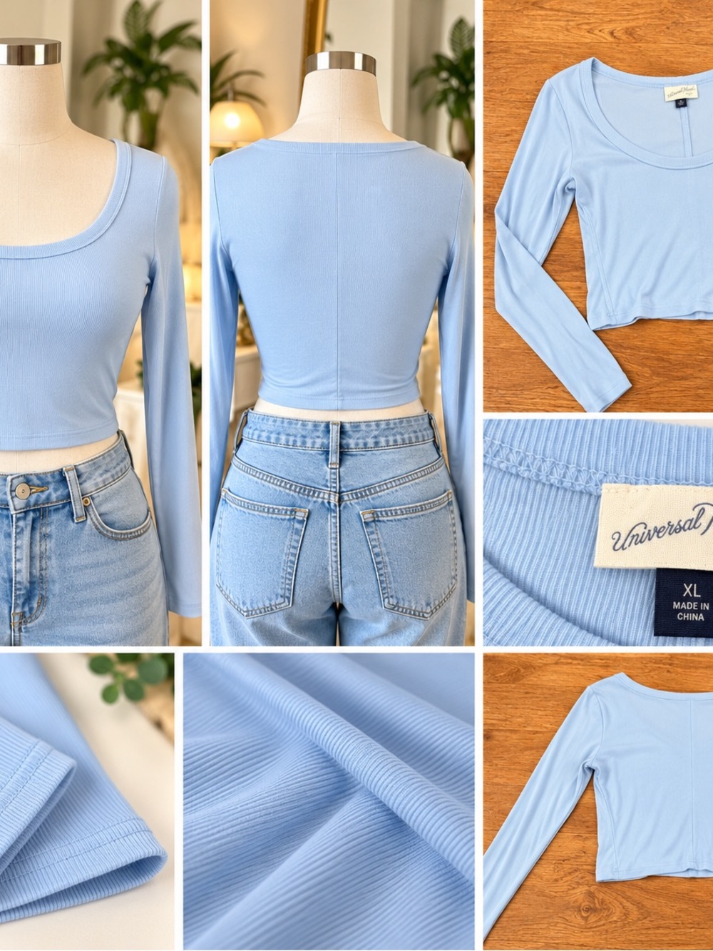Universal Thread Sky Blue Ribbed Long-Sleeve Crop Top